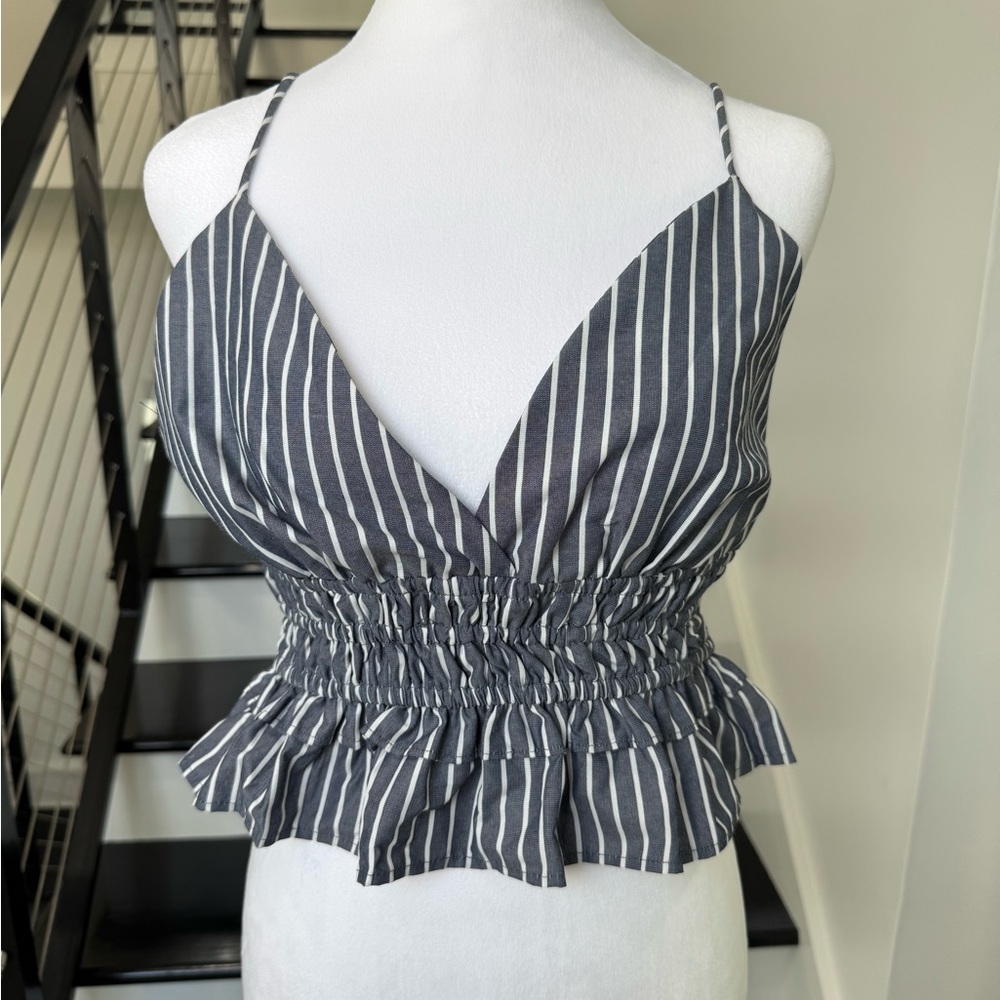 Blue and white striped ruffle top- NWT